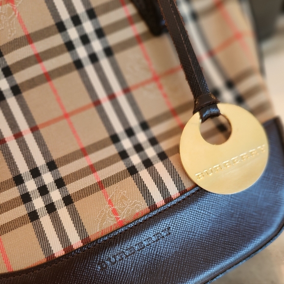 Burberry | Haymarket Check Printed Brown Leather Trim Mini Handle Bag-Like new! - Picture 3 of 15